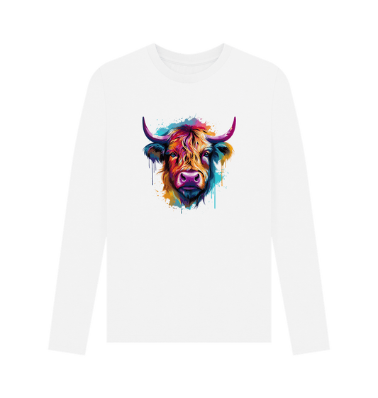 White long-sleeved t-shirt with colorful cow graphic