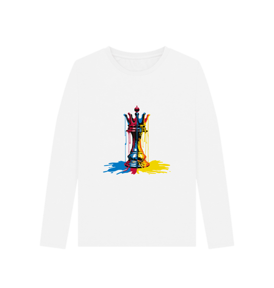 White long-sleeved t-shirt with colorful chess piece graphic