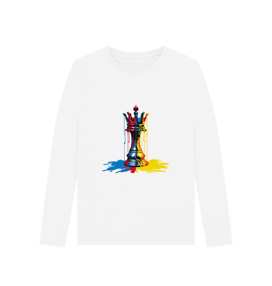 White long-sleeved t-shirt with colorful chess piece graphic
