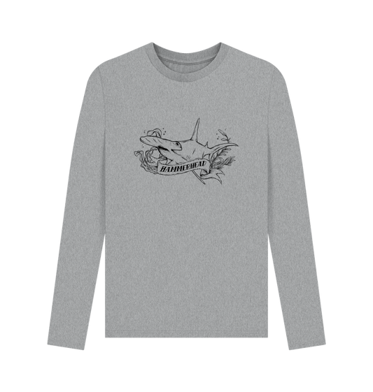 Gray long-sleeved t-shirt with hammerhead shark graphic