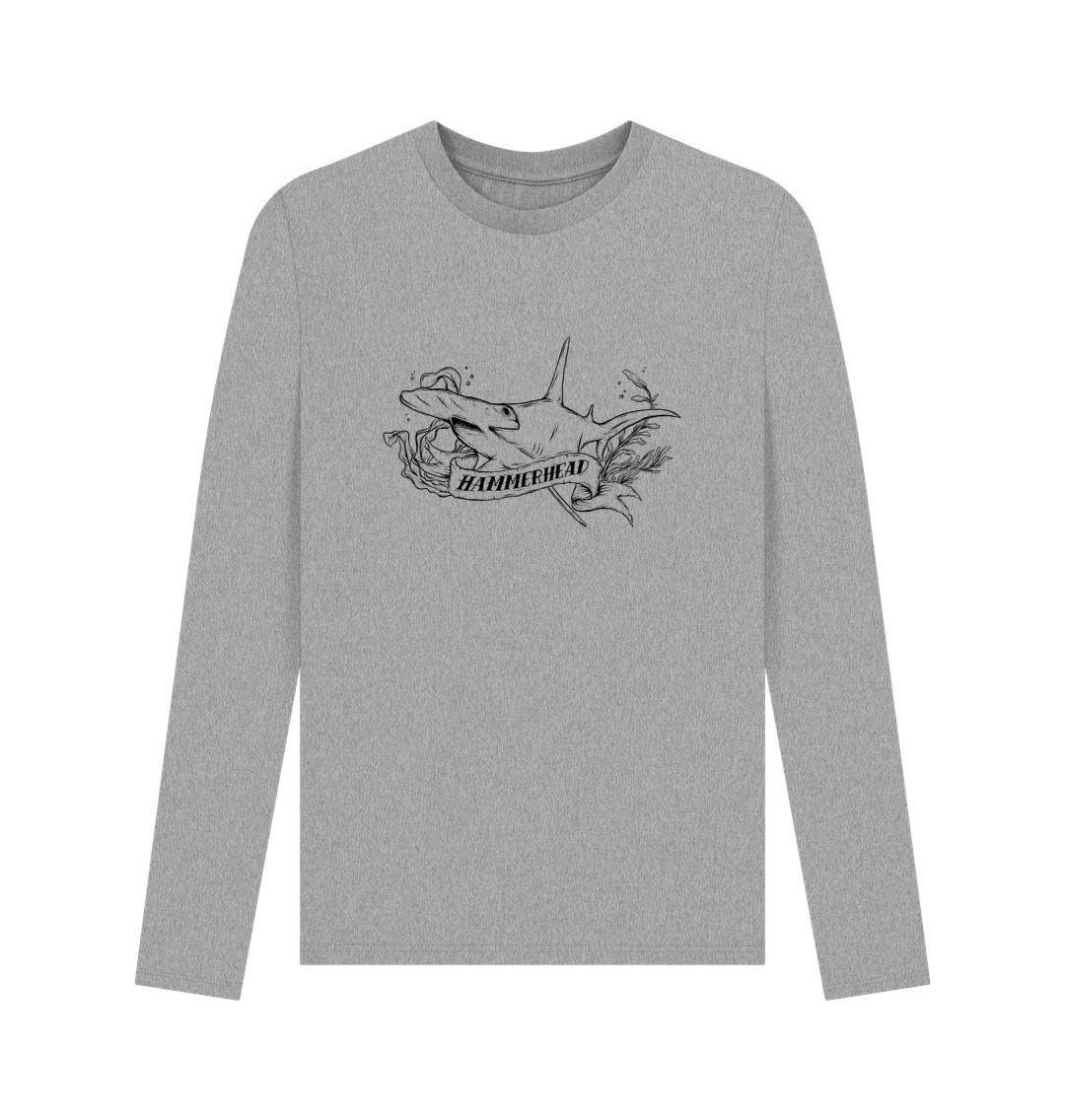 Gray long-sleeved t-shirt with hammerhead shark graphic