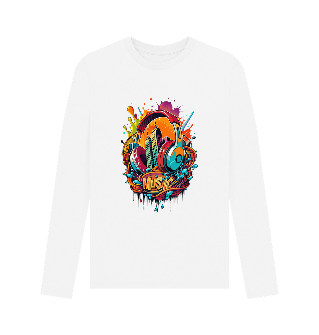 White long-sleeved t-shirt with colorful music-themed graphic