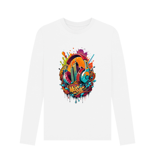 White long-sleeved t-shirt with colorful music-themed graphic