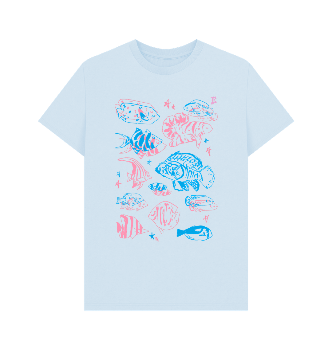 White t-shirt with colorful fish illustrations