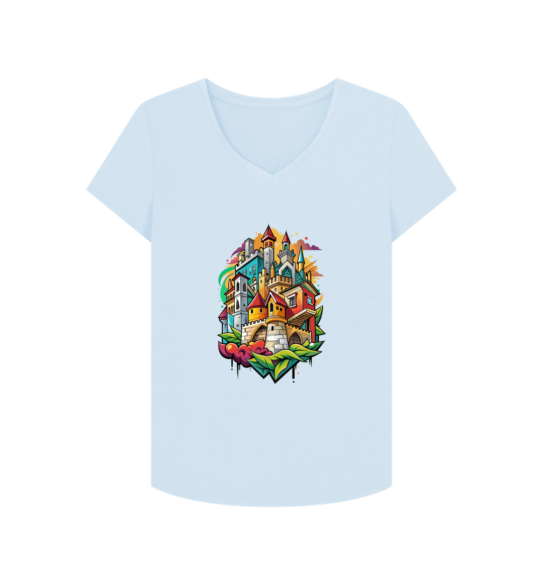 White t-shirt with colorful castle design