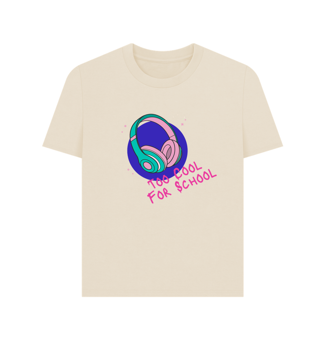 Cream t-shirt with headphones graphic and text