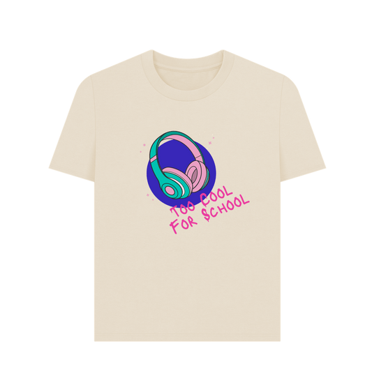 Cream t-shirt with headphones graphic and text