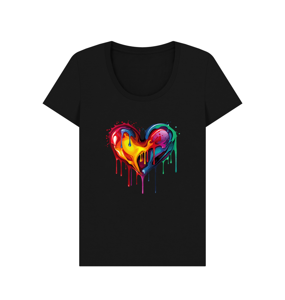 Black t-shirt with colorful dripping heart design