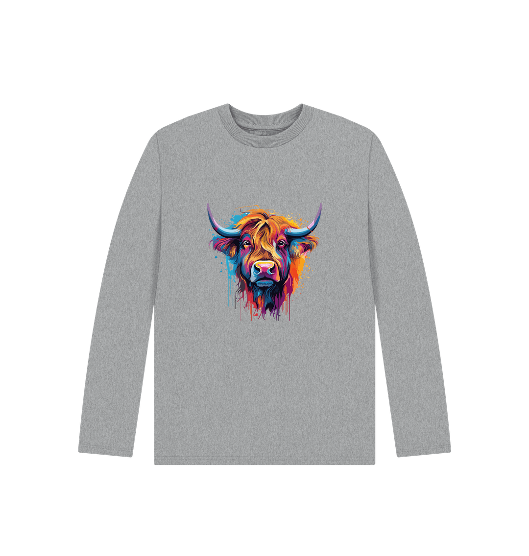 Gray long-sleeved t-shirt with colorful bull graphic