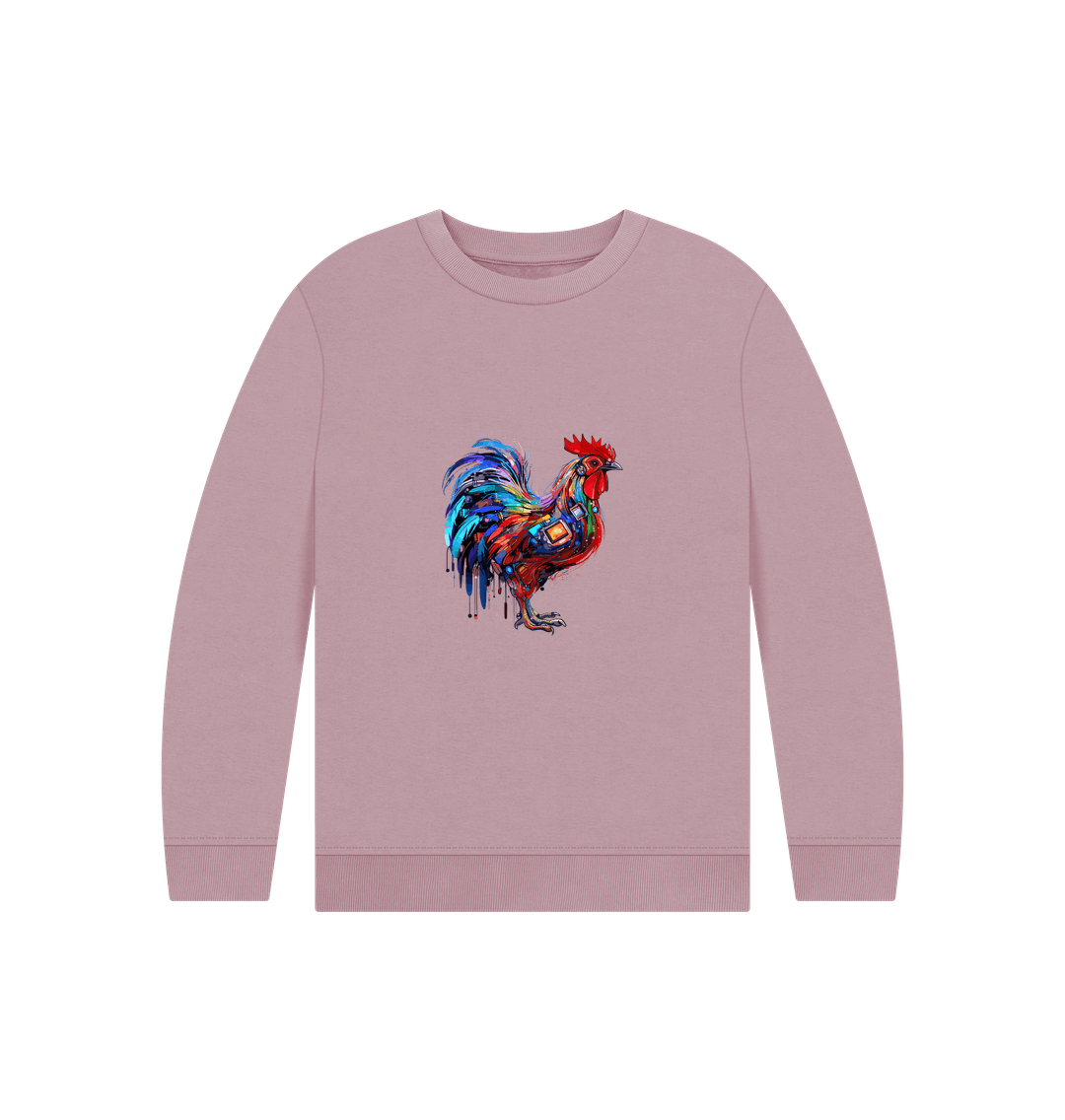Pink sweatshirt with colorful rooster design