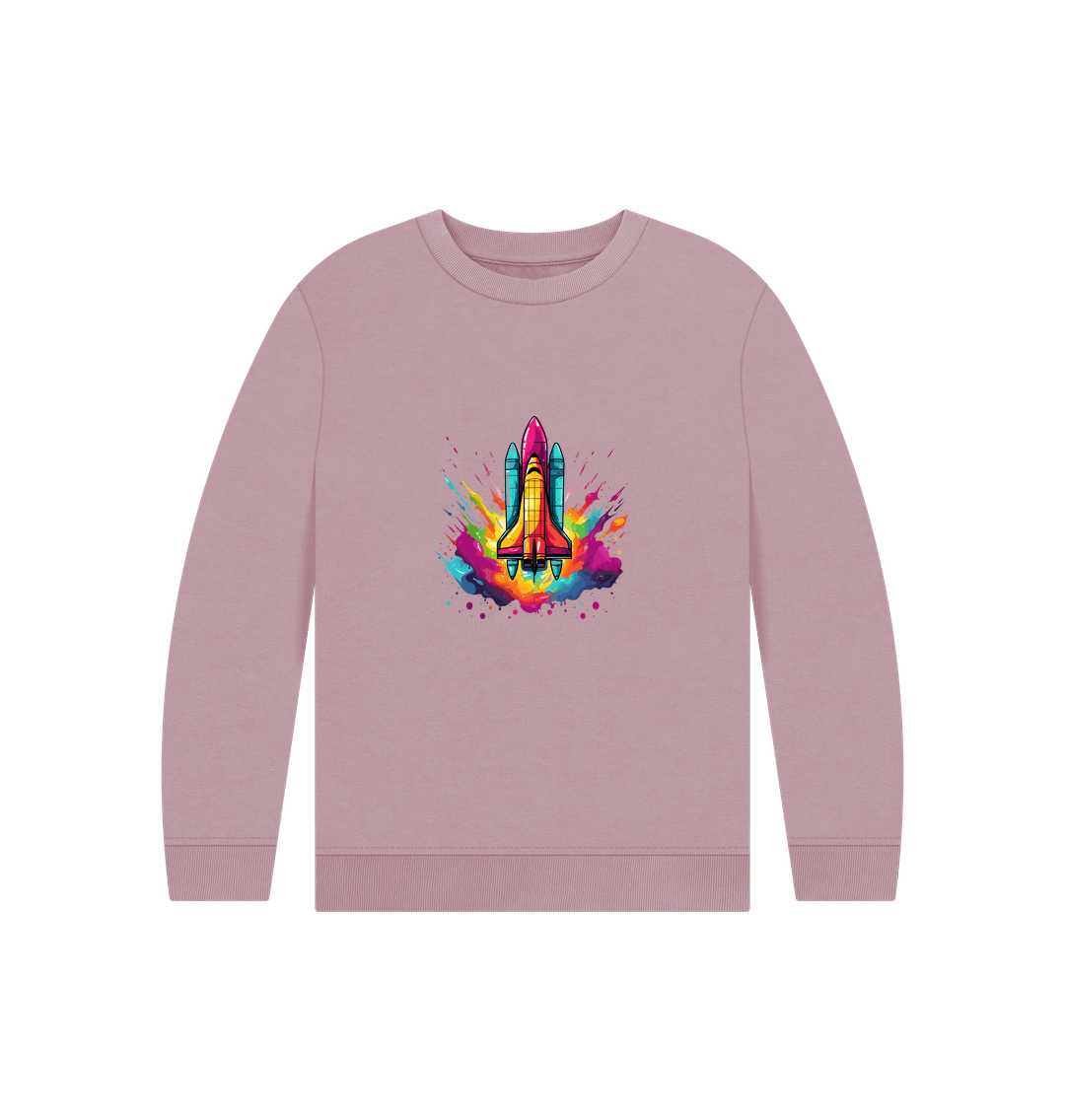 Pink sweatshirt with colorful rocket graphic