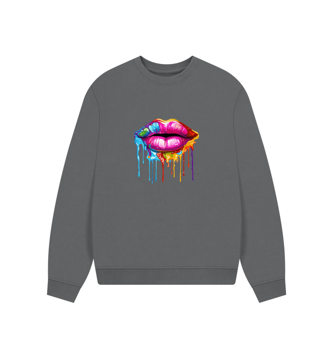 Gray sweatshirt with colorful dripping lips design