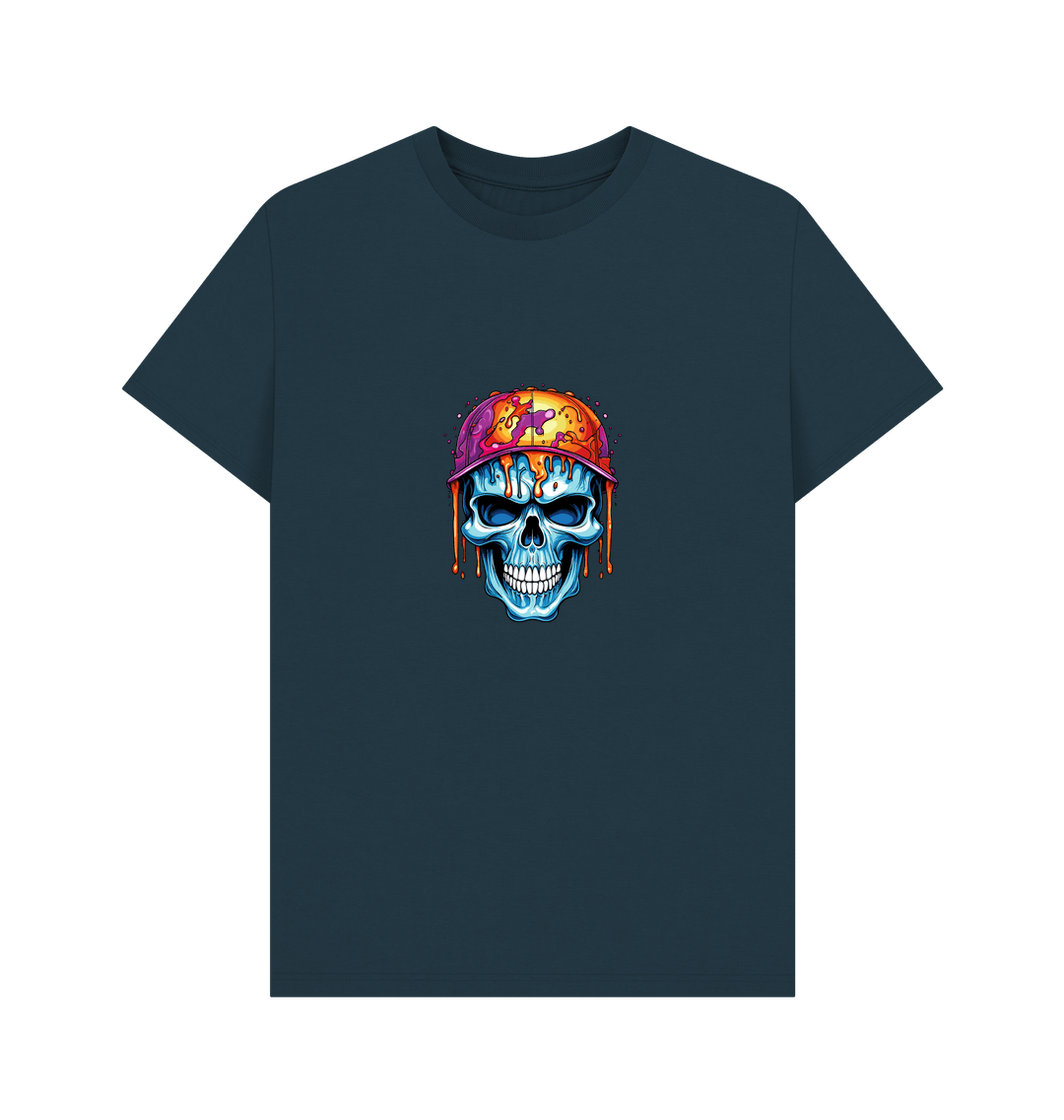 Dark blue t-shirt with colorful skull graphic