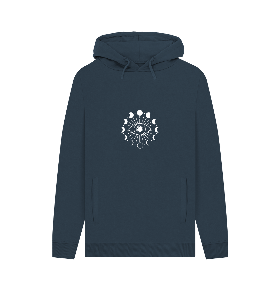 Dark blue hoodie with moon phases and eye design