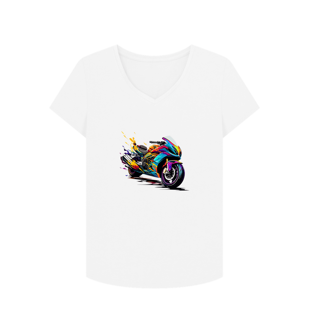 White V-neck t-shirt with colorful motorcycle graphic
