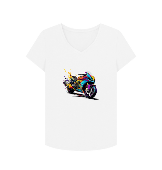White V-neck t-shirt with colorful motorcycle graphic
