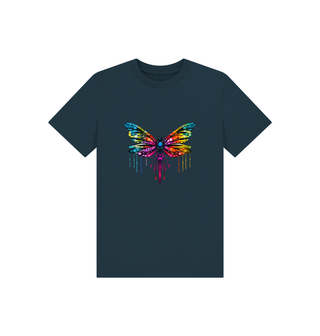 Dark blue t-shirt with colorful butterfly design