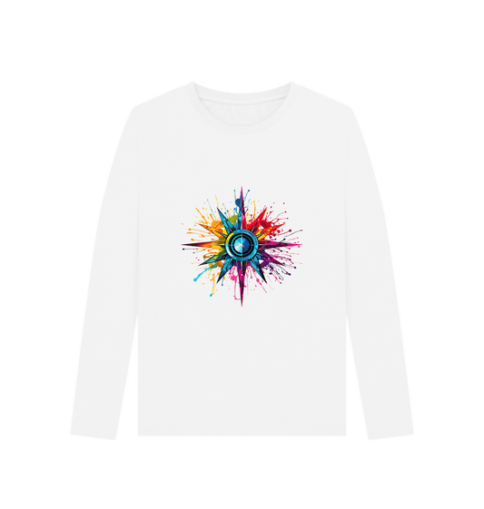 White long-sleeved t-shirt with colorful compass design