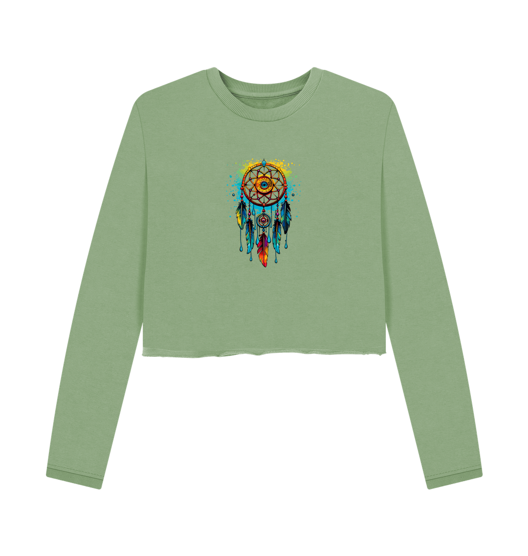 Sage green cropped sweatshirt with dreamcatcher design