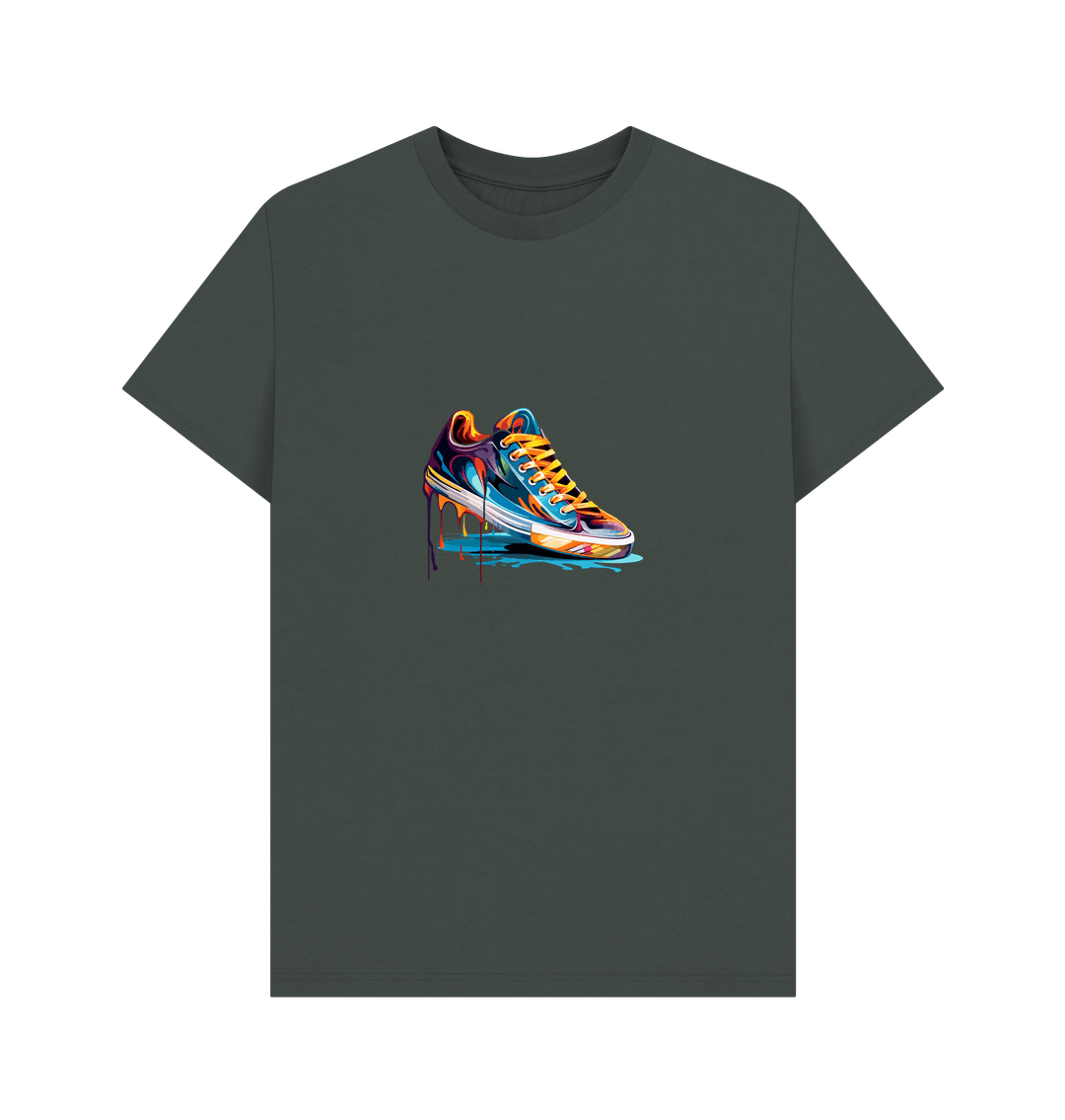 Dark gray t-shirt with colorful sneaker graphic