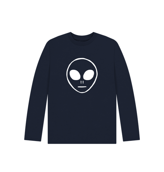 Navy blue long-sleeved t-shirt with white alien face design
