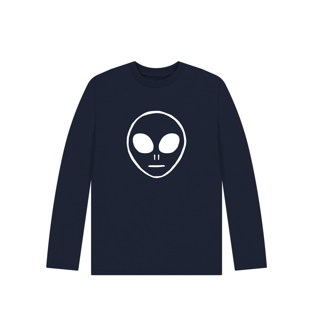 Navy blue long-sleeved t-shirt with white alien face logo