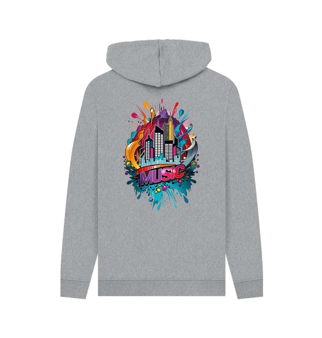 Gray hoodie with colorful "MUSIC" graphic