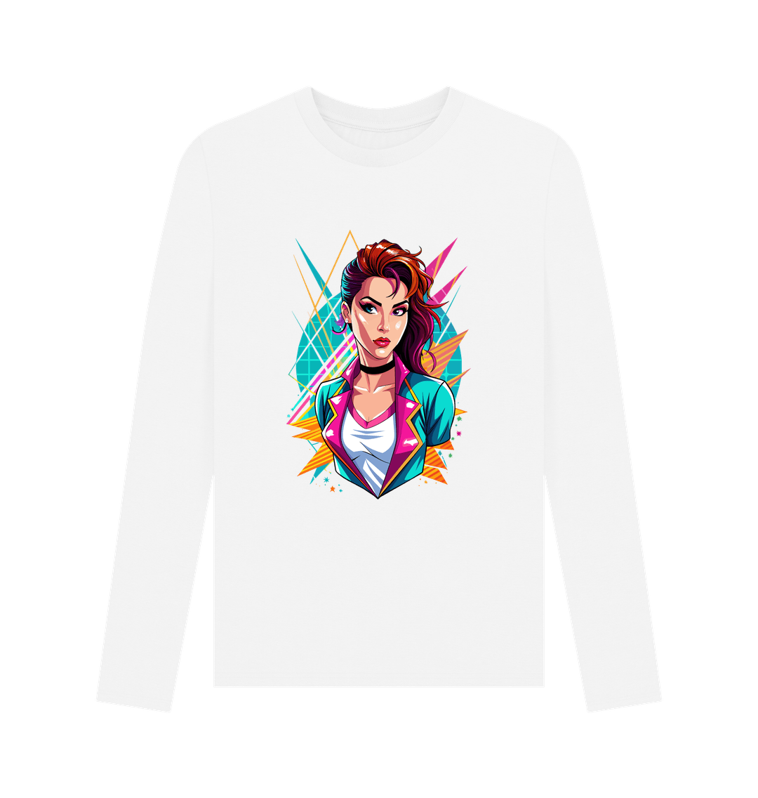 White long-sleeved t-shirt with graphic design
