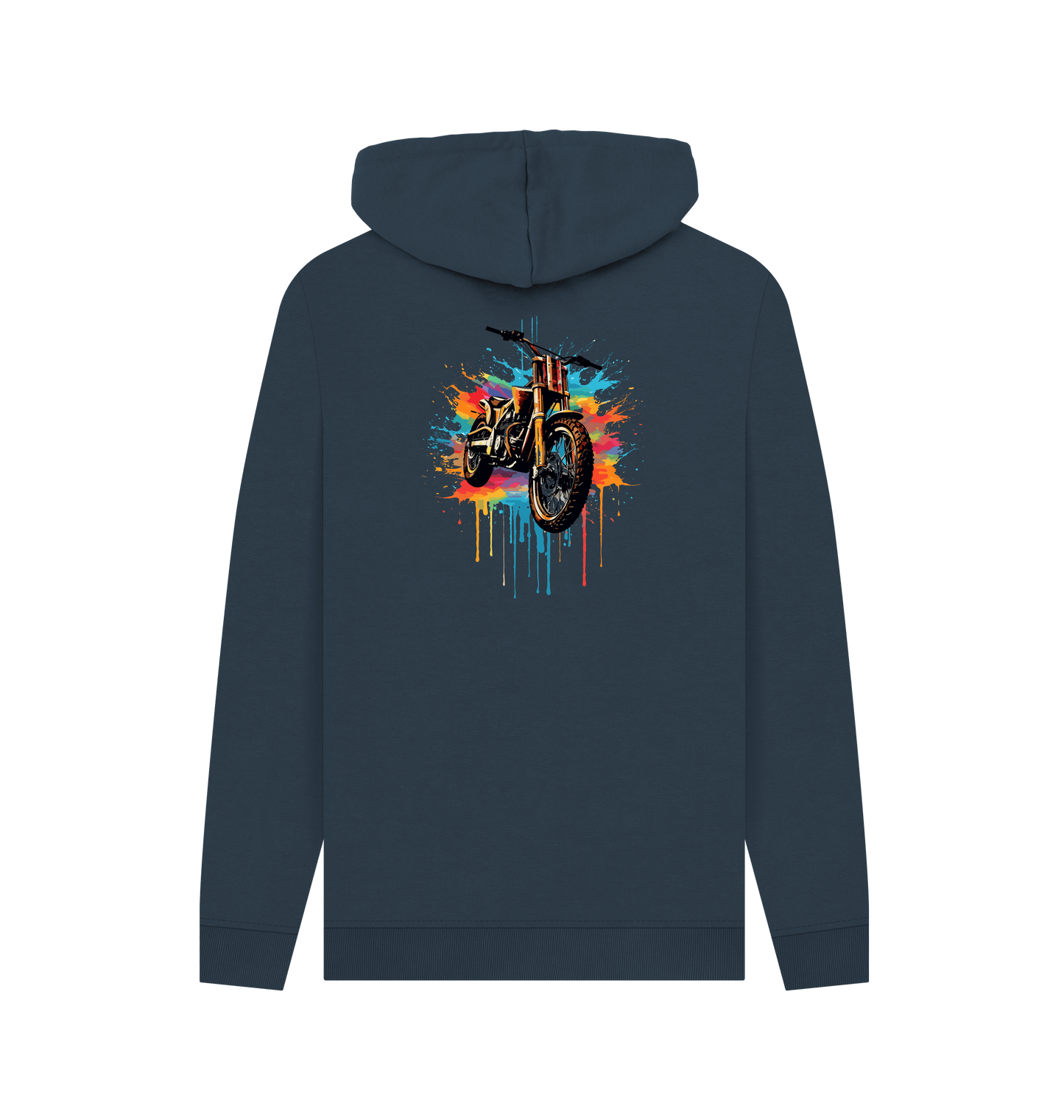 Dark blue hoodie with colorful motorcycle graphic