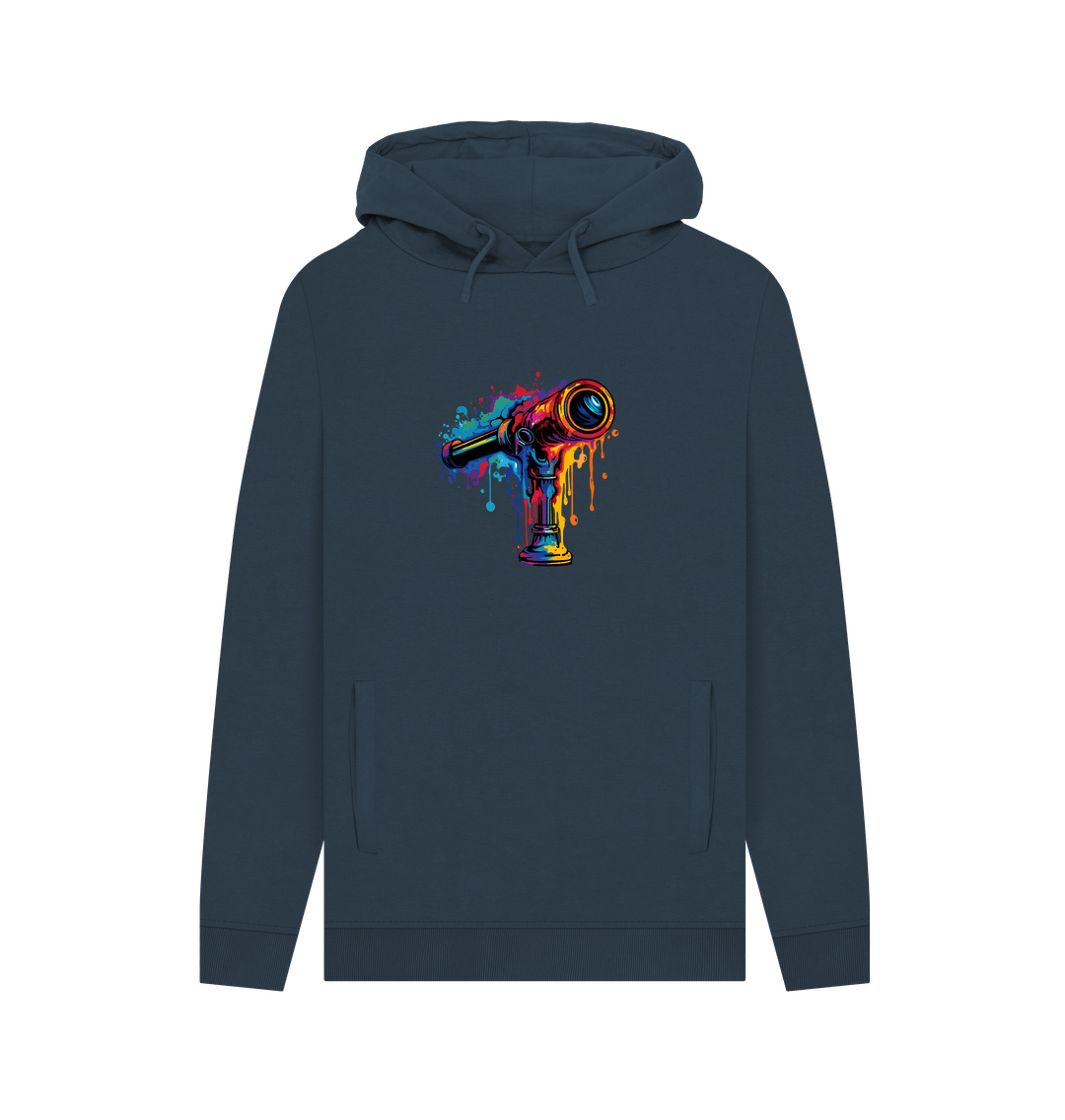 Dark gray hoodie with colorful telescope graphic