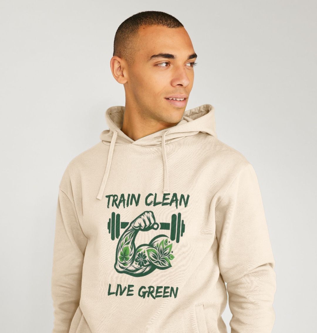 Beige hoodie with "Train Clean Live Green" design (person)
