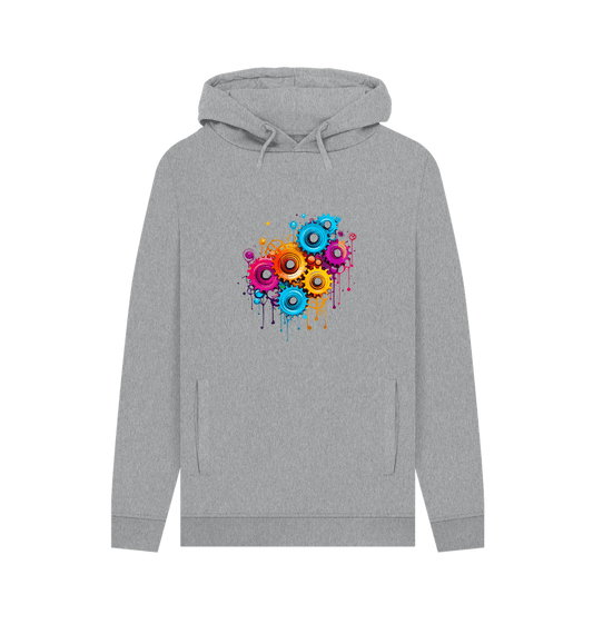 Gray hoodie with colorful gear design