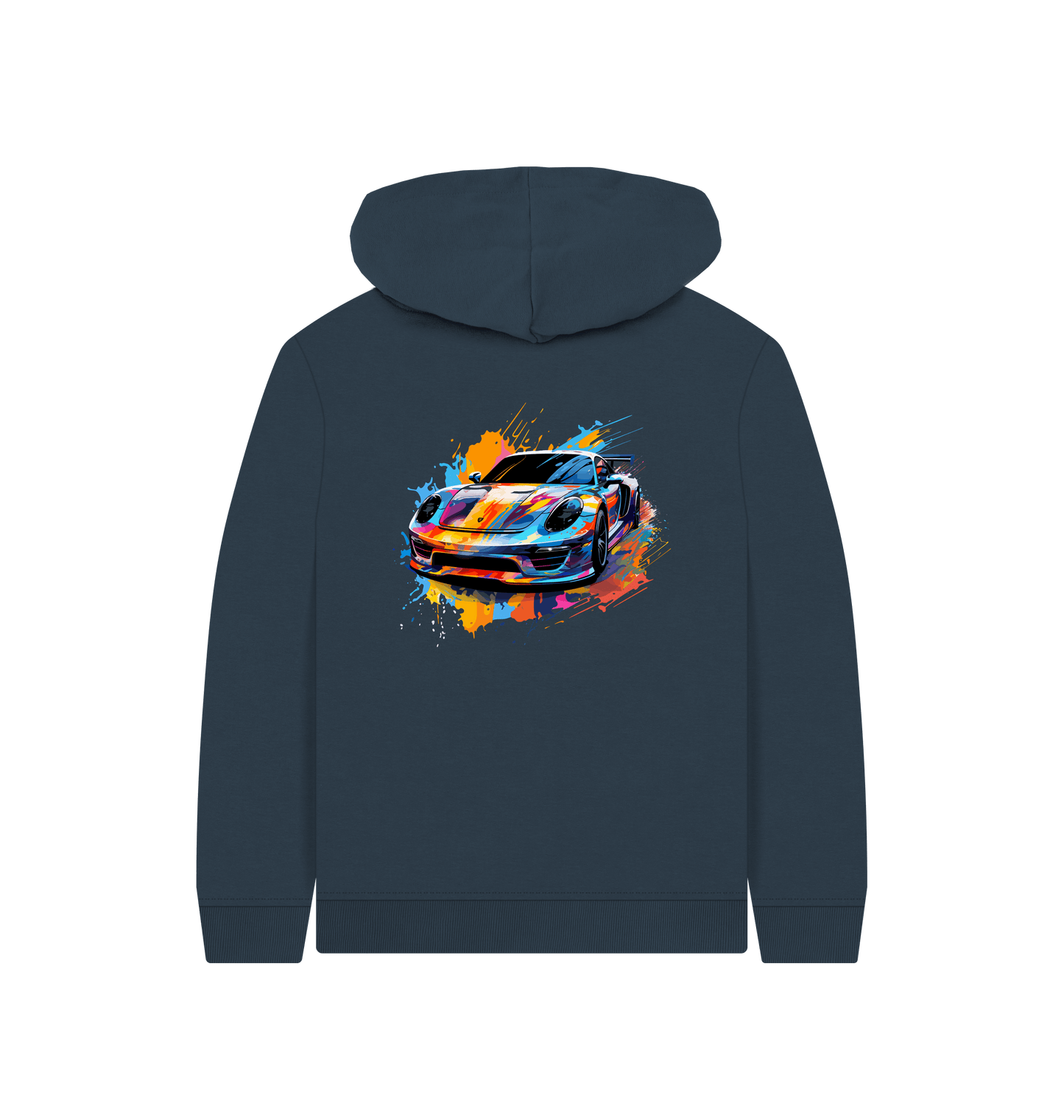 Dark blue hoodie with colorful car graphic
