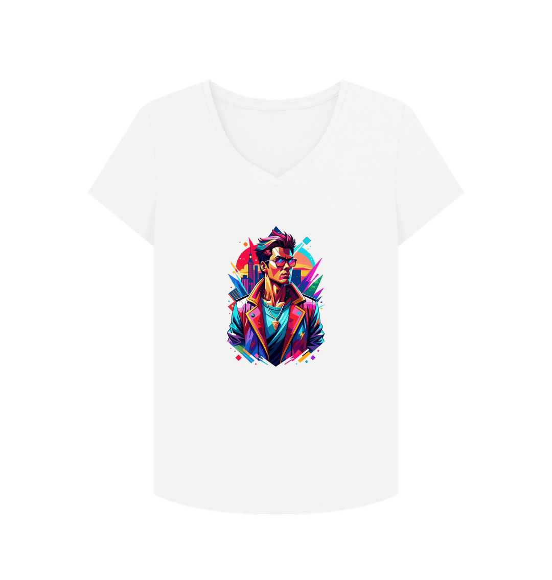 White V-neck t-shirt with colorful graphic