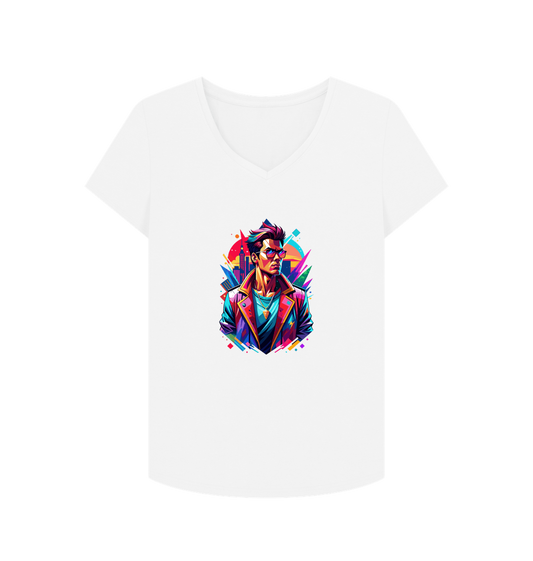 White V-neck t-shirt with colorful graphic