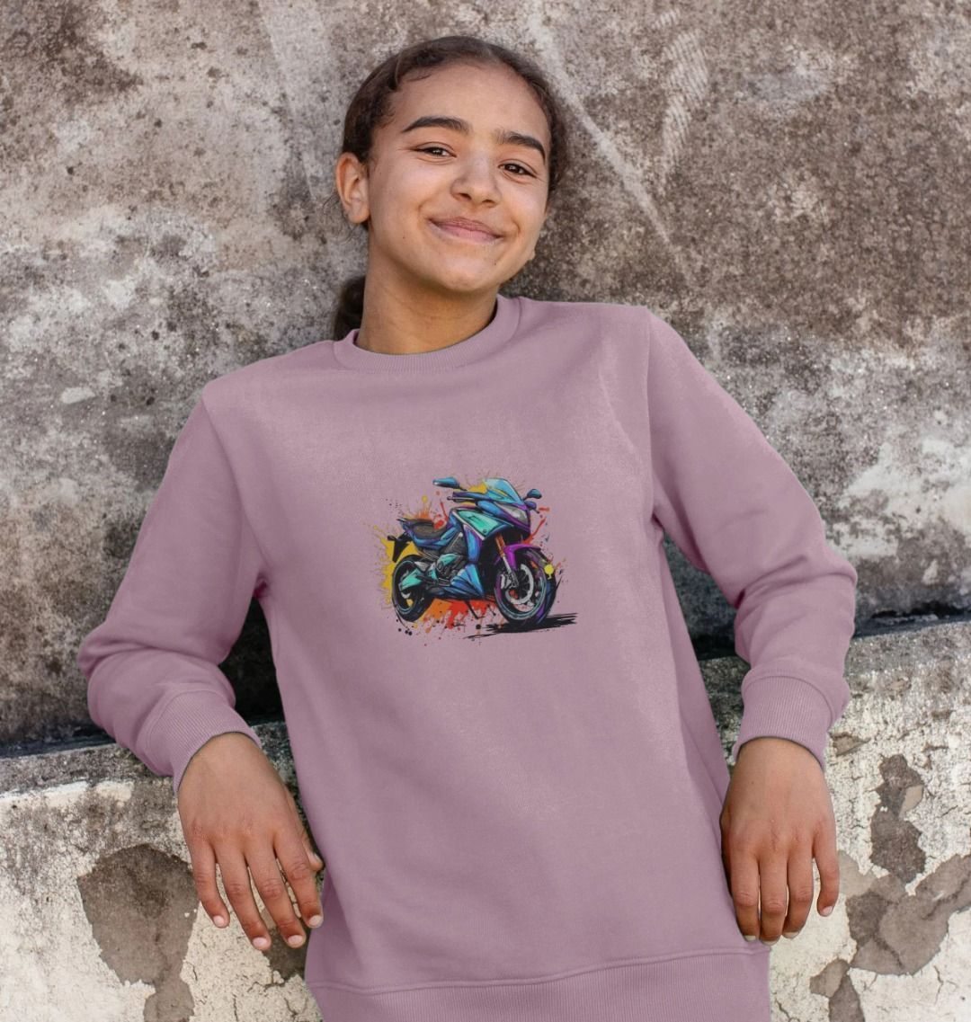 Purple sweatshirt with colorful motorcycle graphic (person)