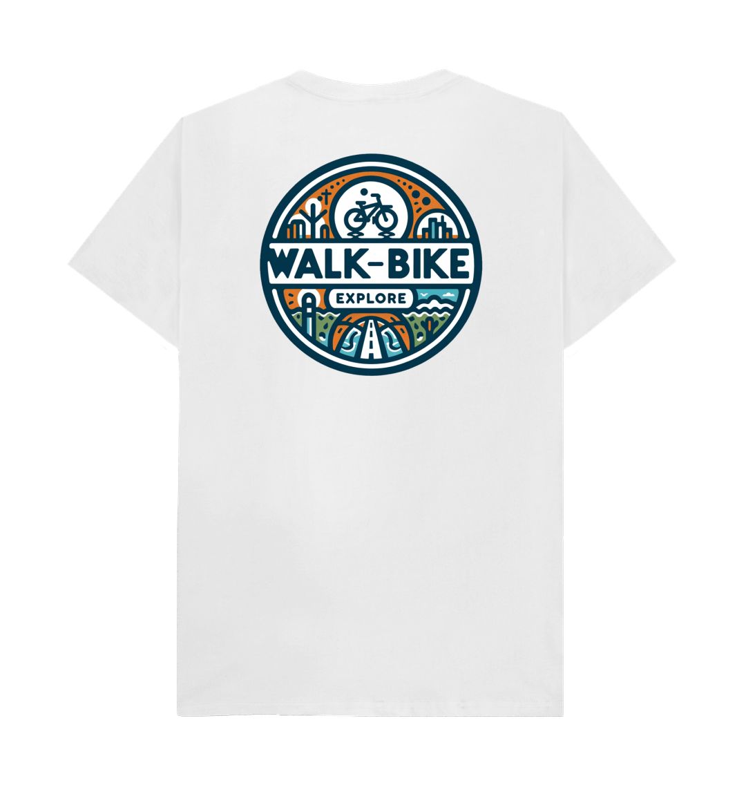 White t-shirt with "WALK-BIKE" and "EXPLORE" logo