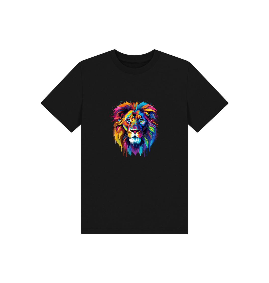 Black t-shirt with colorful lion graphic