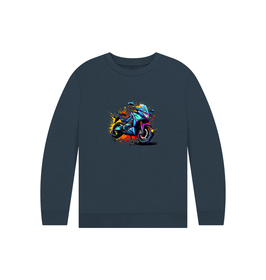 Dark blue sweatshirt with colorful motorcycle graphic
