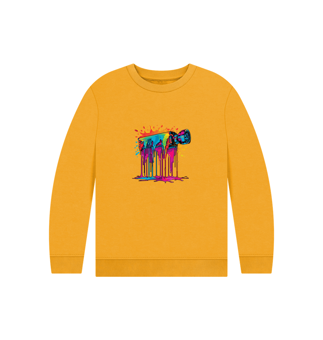 Yellow sweatshirt with colorful paint splatter design
