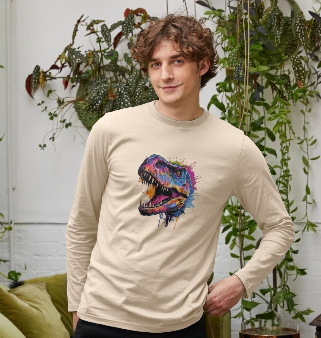 Long-sleeved t-shirt with colorful dinosaur graphic (person)