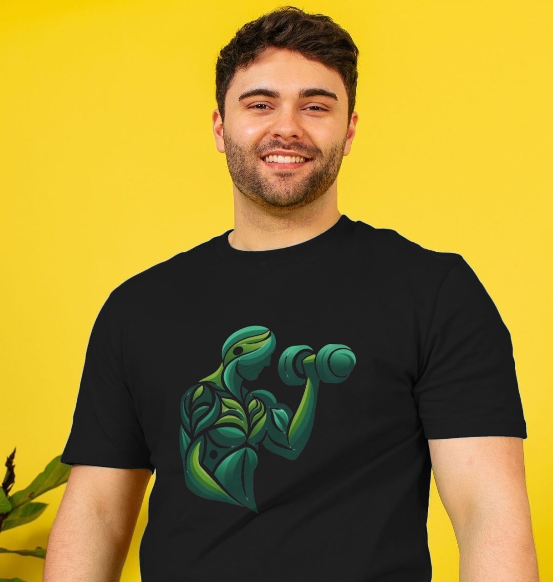 Black t-shirt with green turtle design (person)