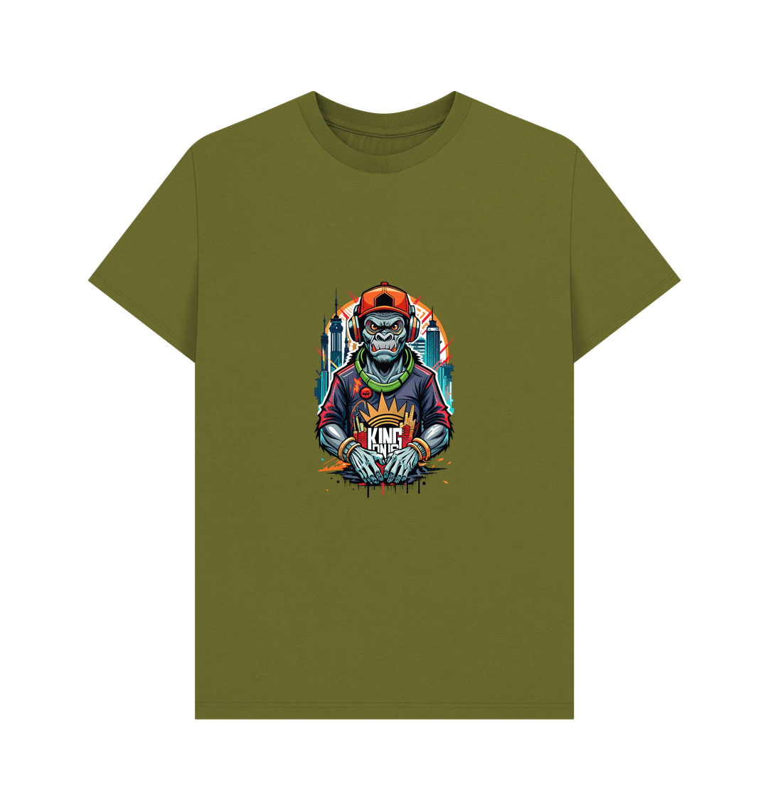 Olive green t-shirt with monkey graphic