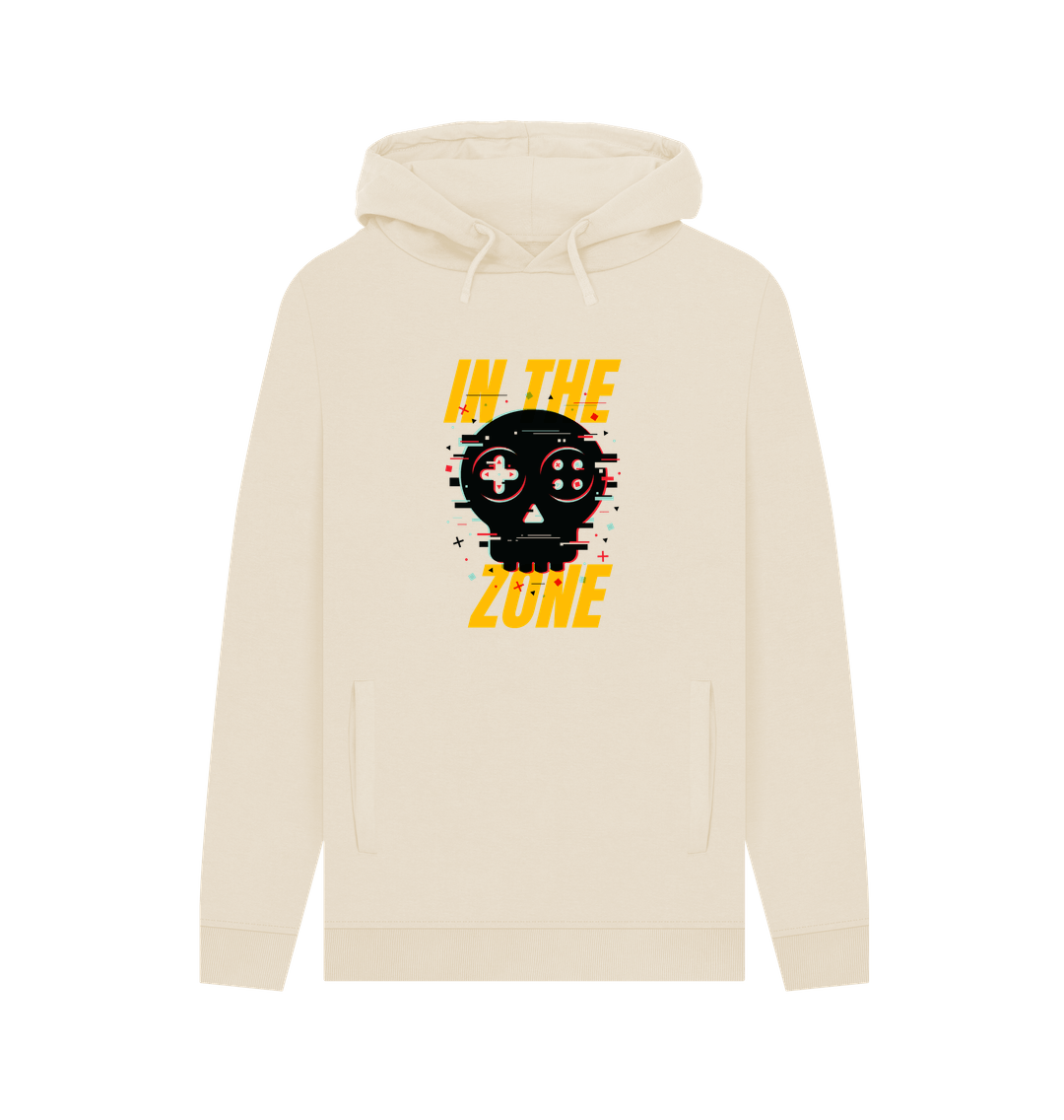 Cream hoodie with skull graphic and text