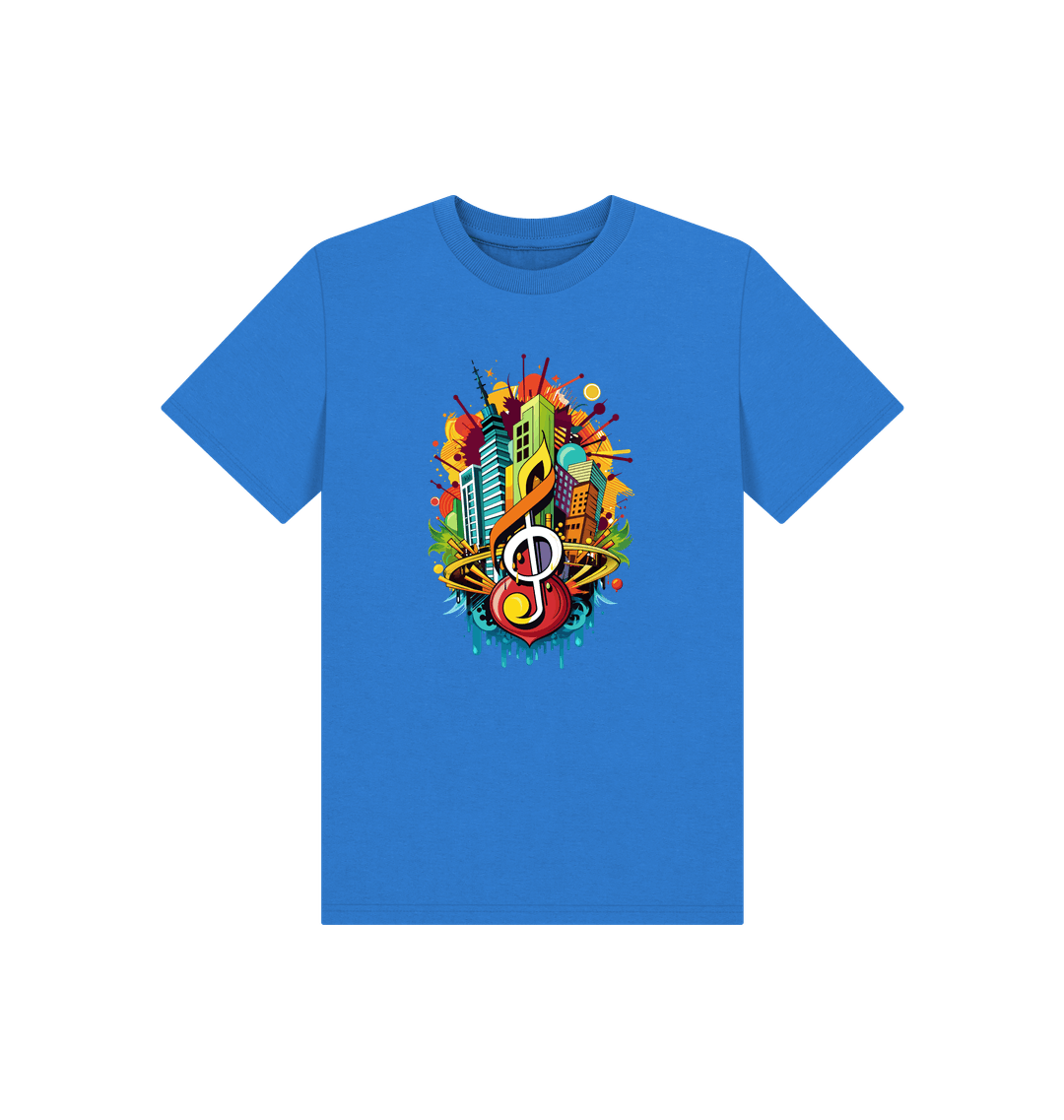 Blue t-shirt with colorful music-themed graphic