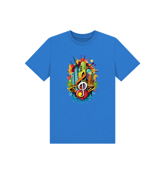 Blue t-shirt with colorful music-themed graphic