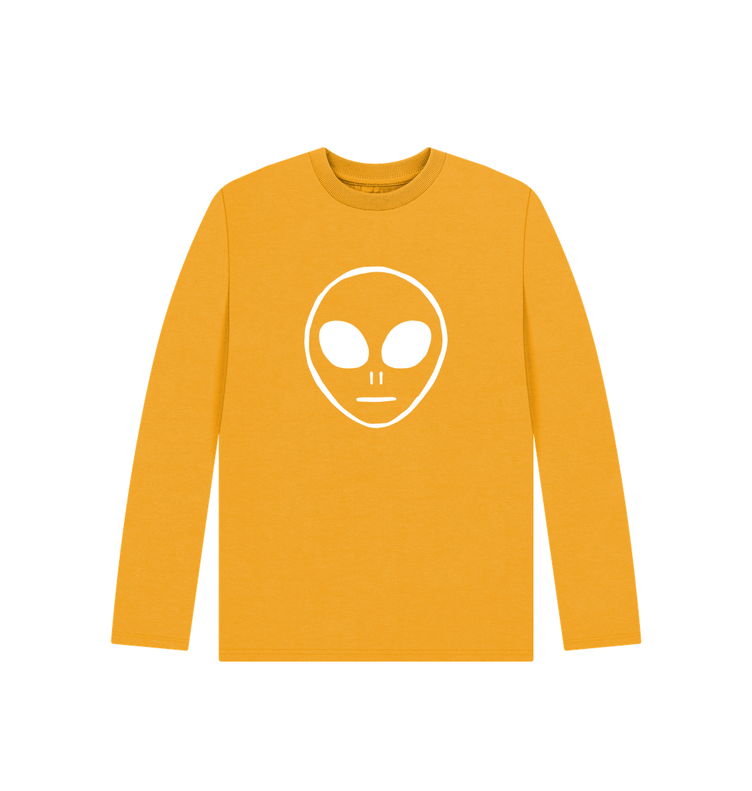 Yellow long-sleeved t-shirt with alien face design