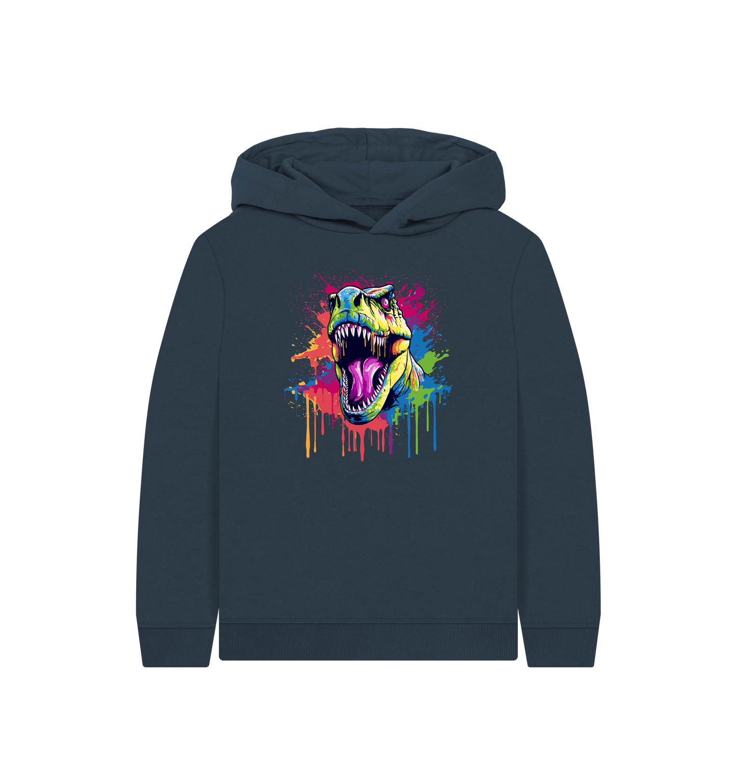 Colorful dinosaur hoodie with vibrant splatter design