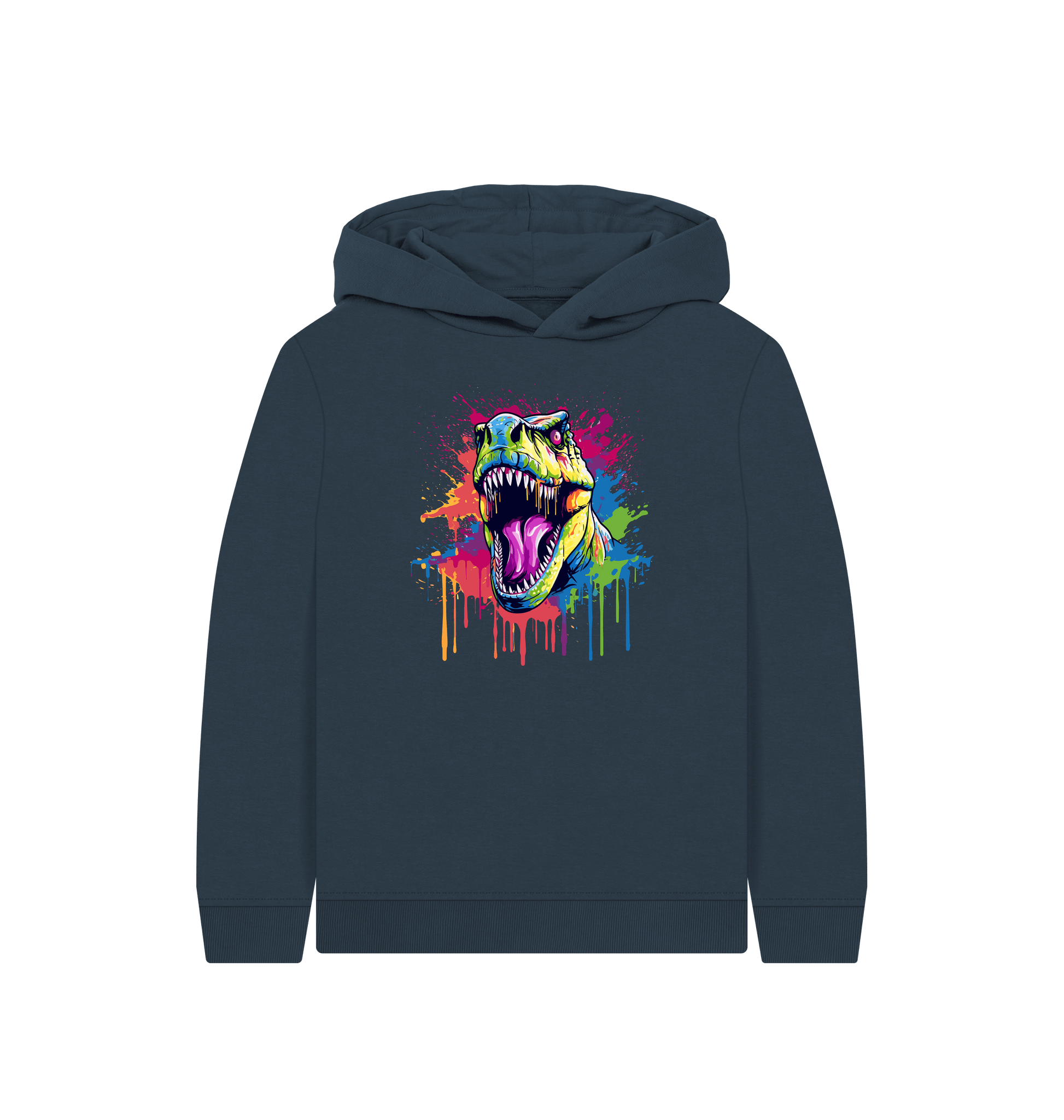 Colorful dinosaur hoodie with vibrant splatter design