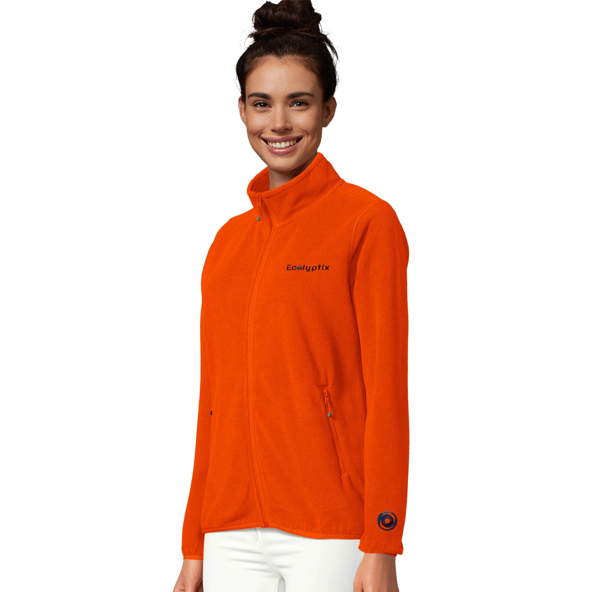 Orange fleece jacket with "EcoLyptix" logo (person)